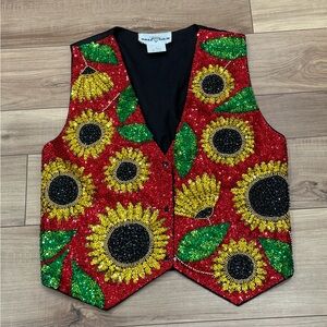 Vintage Bali Gem Sunflower Sequined Beaded Vest Costume Mardigra Summer Sz Small